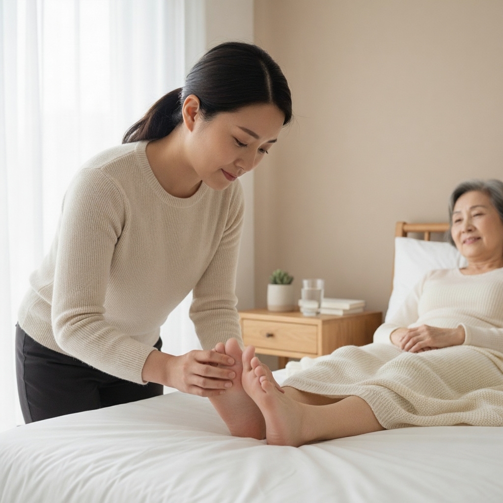 caregiver checking diabetic patient’s heel for early ulcer signs